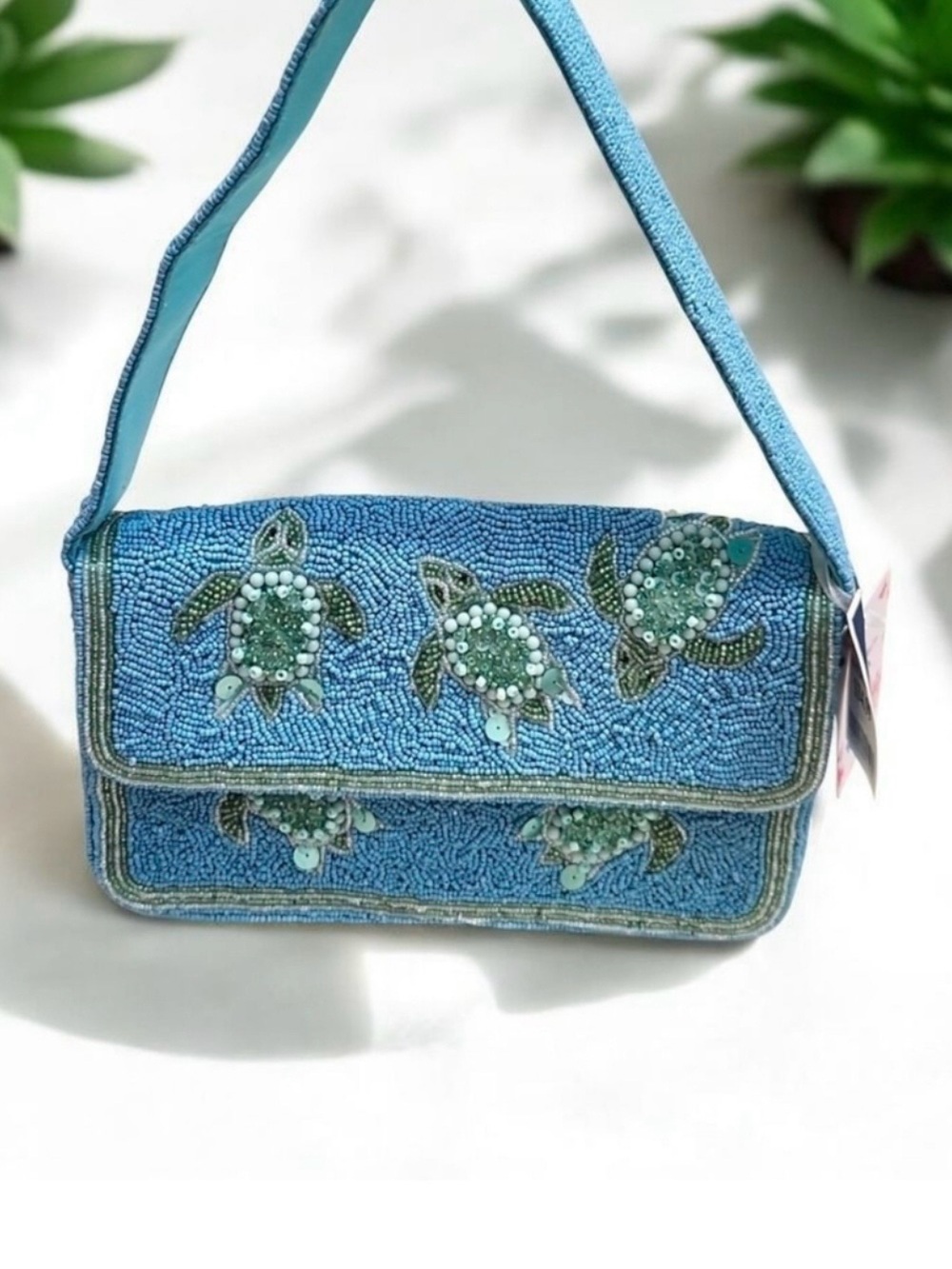 Beaded Sea Turtle Shoulder Bag in Turquoise Blue